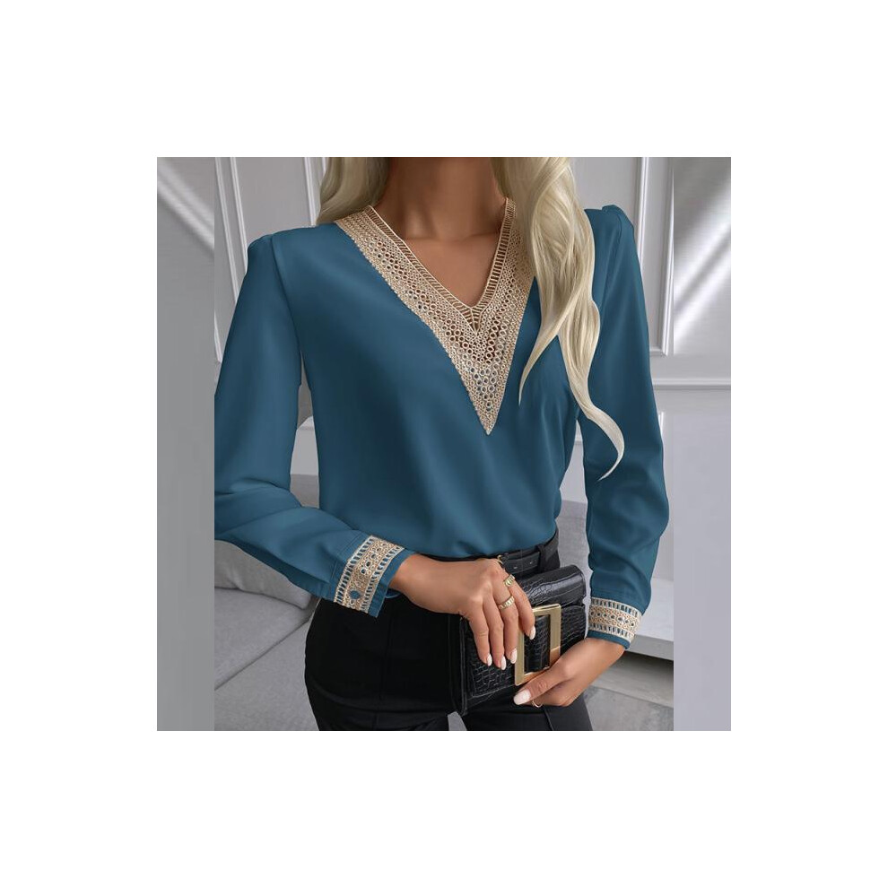 Maxpower (Blue, Xl) Elegant Shirt Women's V-Neck Lace Shirt Autumn Fashion Casual Office White Pullover Long-Sleeved Loose Ladies Shirt