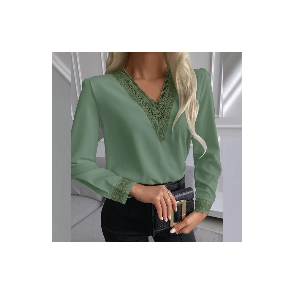 Maxpower (Green, M) Elegant Shirt Women's V-Neck Lace Shirt Autumn Fashion Casual Office White Pullover Long-Sleeved Loose Ladies Shirt