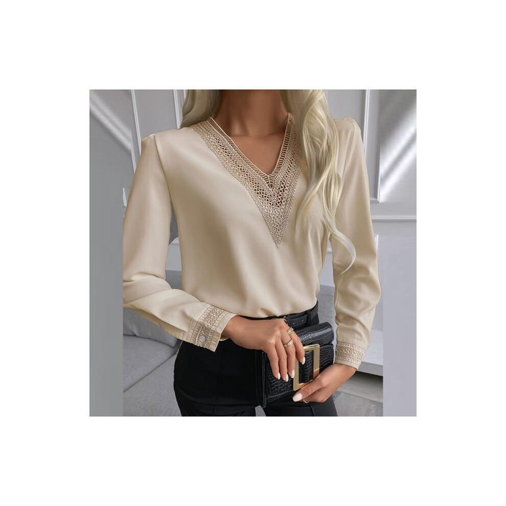 Maxpower (Khaki, S) Elegant Shirt Women's V-Neck Lace Shirt Autumn Fashion Casual Office White Pullover Long-Sleeved Loose Ladies Shirt
