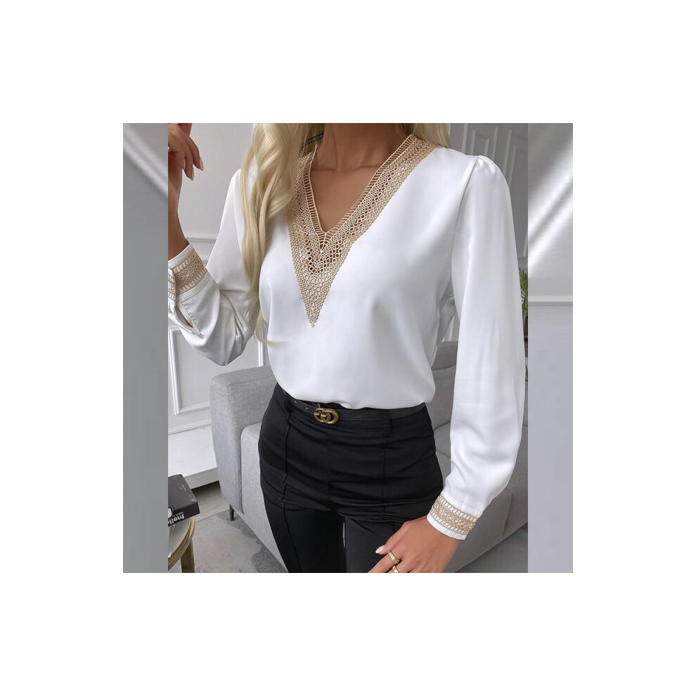 Maxpower (White, Xl) Elegant Shirt Women's V-Neck Lace Shirt Autumn Fashion Casual Office White Pullover Long-Sleeved Loose Ladies Shirt