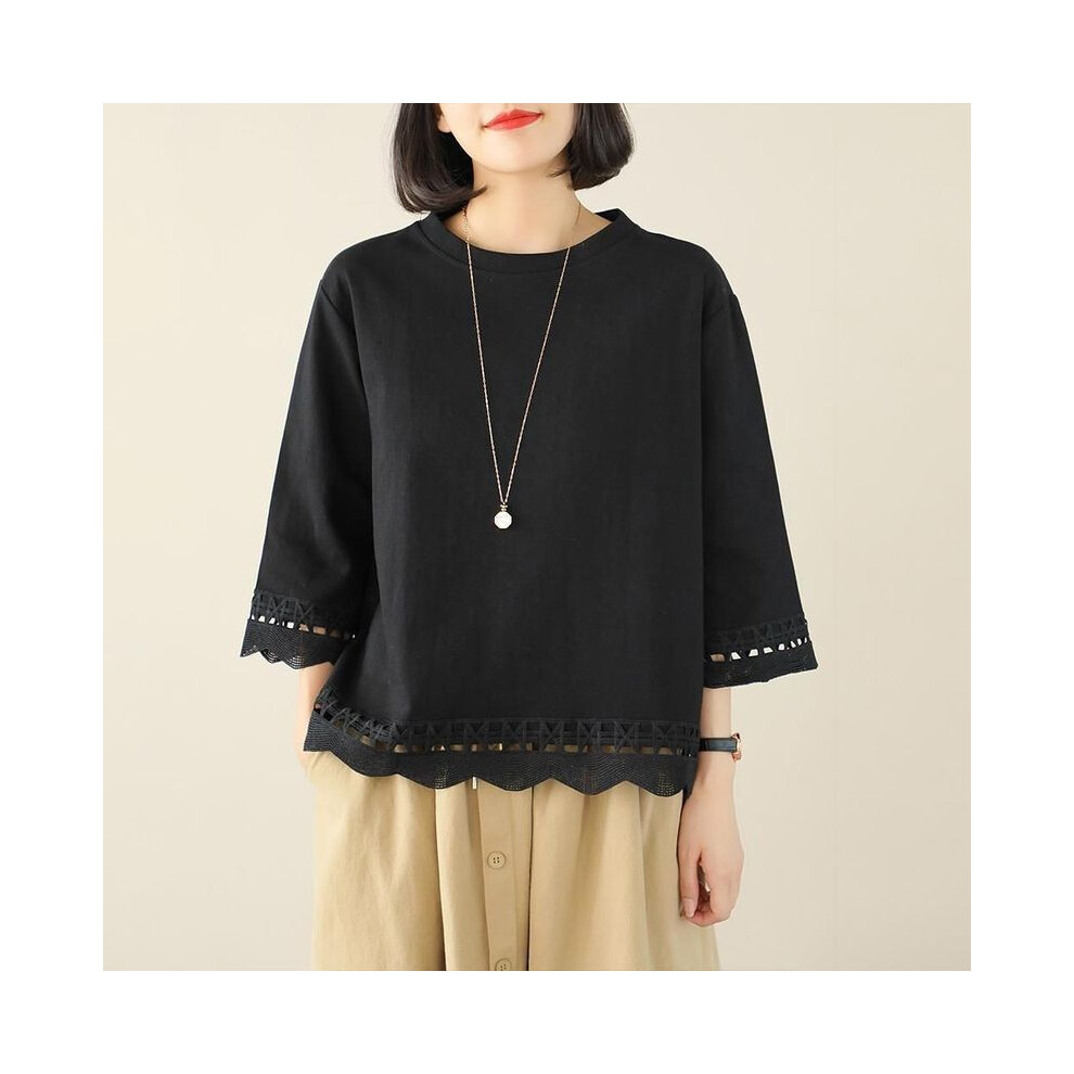 Maxpower (Black, Xl) Femme Spring Summer Korean Fashion Printing Solid Color O-Neck Women Clothes Simplicity All-Match Appear Thin Long Sleeve Top