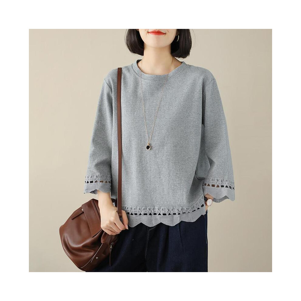 Maxpower (Gray, S) Femme Spring Summer Korean Fashion Printing Solid Color O-Neck Women Clothes Simplicity All-Match Appear Thin Long Sleeve Top