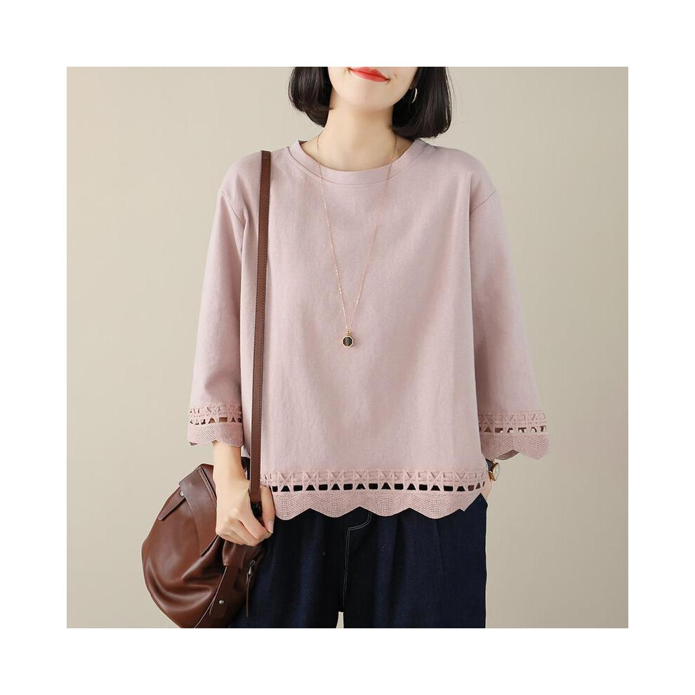 Maxpower (Pink, Xxl) Femme Spring Summer Korean Fashion Printing Solid Color O-Neck Women Clothes Simplicity All-Match Appear Thin Long Sleeve Top