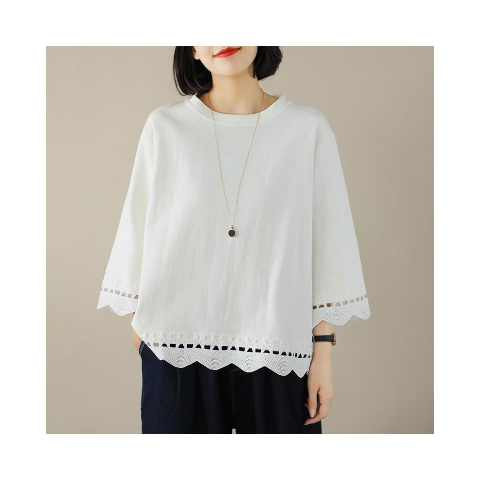 Maxpower (White, L) Femme Spring Summer Korean Fashion Printing Solid Color O-Neck Women Clothes Simplicity All-Match Appear Thin Long Sleeve Top