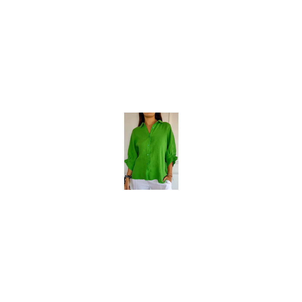 (army green, L) Blusas Para Mujer Cotton Linen Women Shirt Black Turn-Down Collar Lace Up Loose Blouses Female Casual Trendy Ladies Clothes