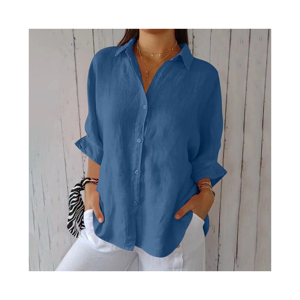 (Blue, XXL) Blusas Para Mujer Cotton Linen Women Shirt Black Turn-Down Collar Lace Up Loose Blouses Female Casual Trendy Ladies Clothes