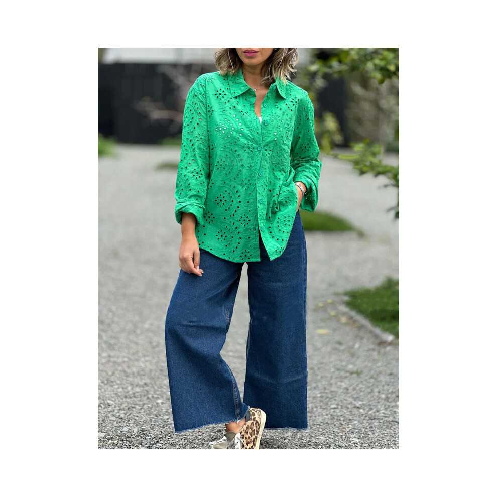Maxpower (Green, Xl) Spring Youth Elegant Women's Hollow Shirt New Shirt Single Breasted Fashion Flip Collar Long Sleeved Street Commuter Top Shirt