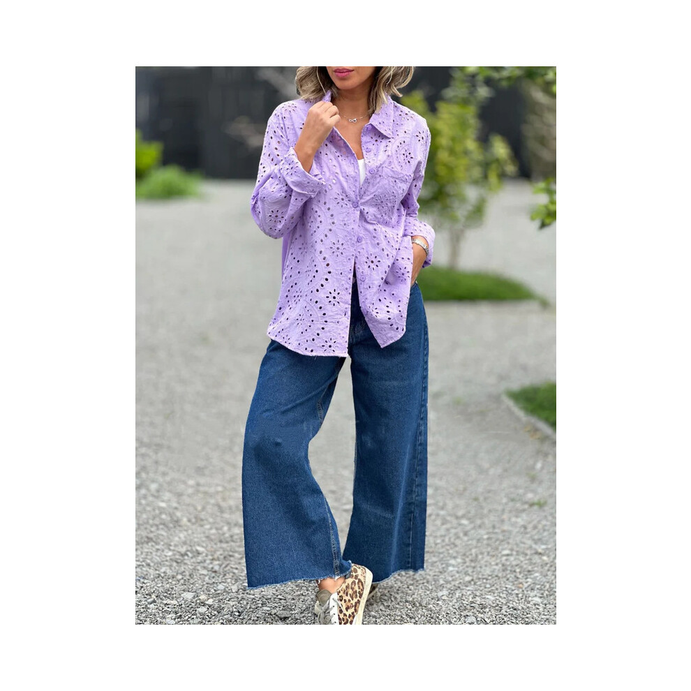 Maxpower (Purple, Xxl) Spring Youth Elegant Women's Hollow Shirt New Shirt Single Breasted Fashion Flip Collar Long Sleeved Street Commuter Top Shirt