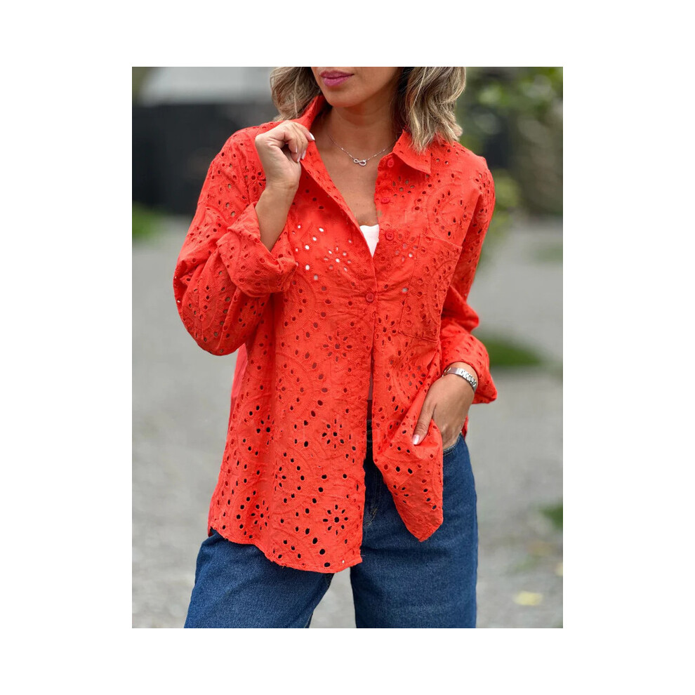Maxpower (Red, M) Spring Youth Elegant Women's Hollow Shirt New Shirt Single Breasted Fashion Flip Collar Long Sleeved Street Commuter Top Shirt