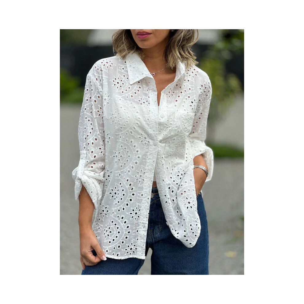 Maxpower (White, Xxl) Spring Youth Elegant Women's Hollow Shirt New Shirt Single Breasted Fashion Flip Collar Long Sleeved Street Commuter Top Shirt