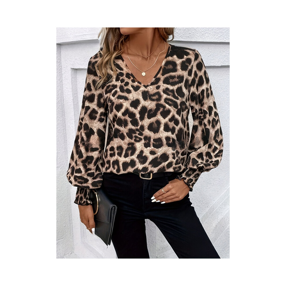 (Coffee, M) New Shirts Women's Commuting Casual Loose Lantern Sleeve Printing V-neck Blouse For Lady Clothing In  Spring Pullover Tops