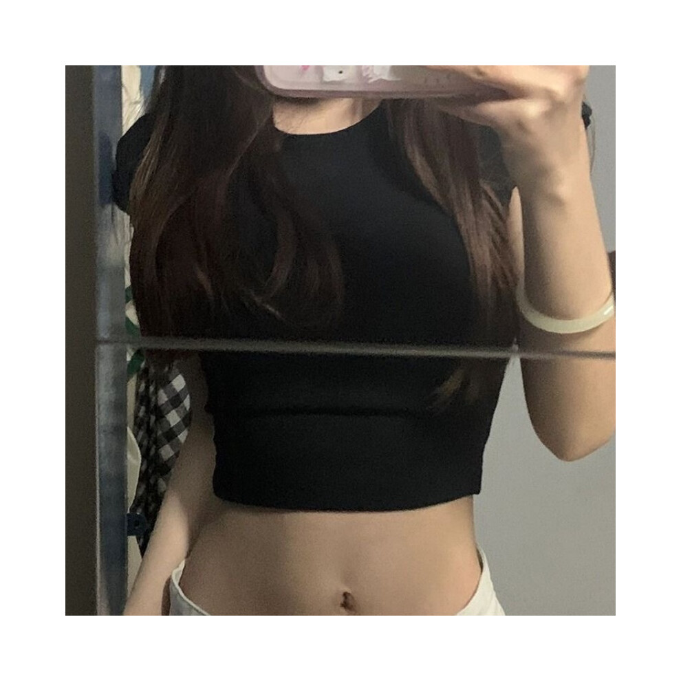 (058-chunse-black, S) Women's Aesthetics Casual Short Sleeve T-shirt Spring Summer Solid Slim O-neck Baby Tees Female Streetwear Basic White Crop Tops