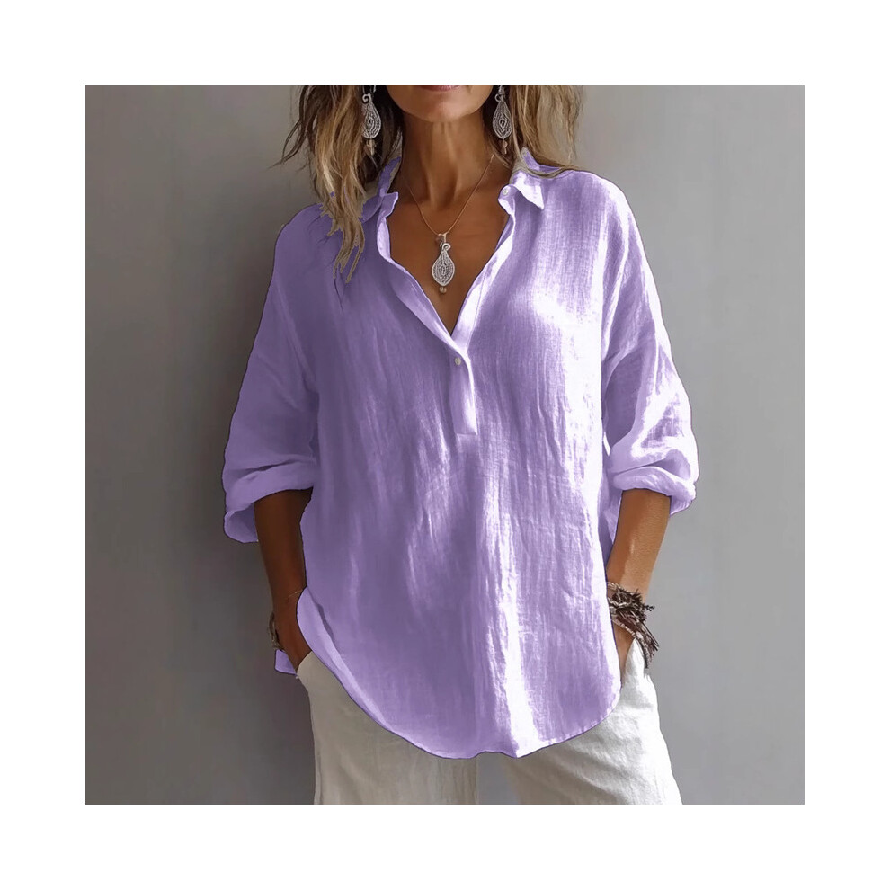 (purple, XL) For Women Casual Solid Top Shirt Spring Autumn Fashion Elegant Long Sleeve Cotton Linen Top Office Casual Shirts Women Clothes