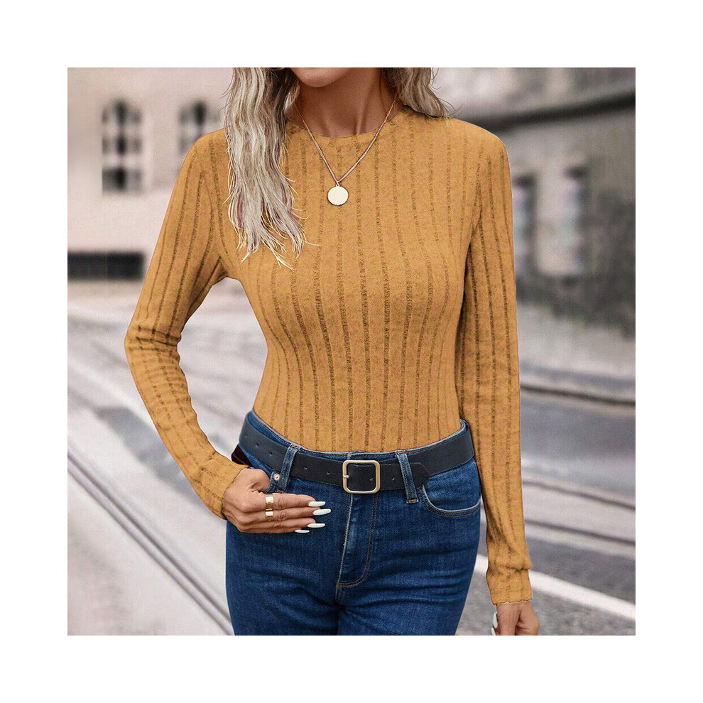 (Yellow Coffee, L) Women's T-Shirts Autumn Simple Knitted Daily Plain Long Sleeve Crew Neck Casual T-Shirts