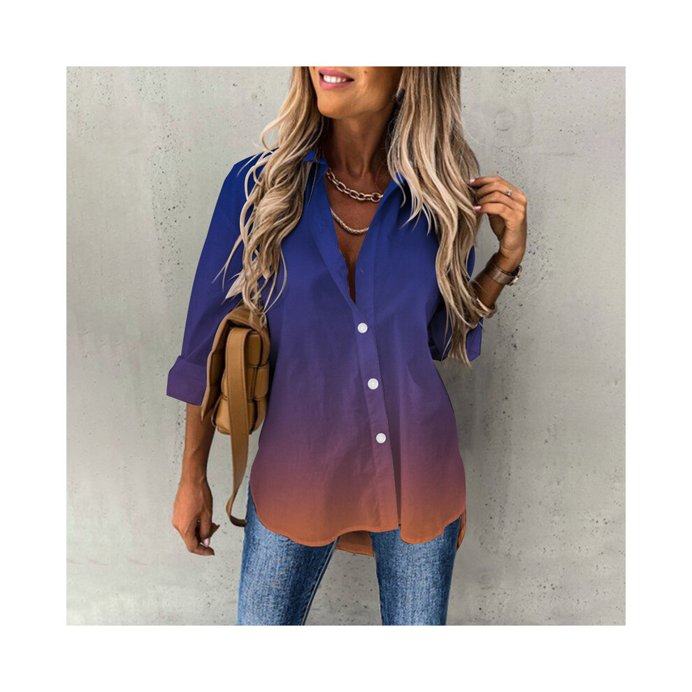 (B25SLCZ31914011, 2XL) Elegant Button Lapel Cardigan Tops Leisure Shirts Gradient Print Womens Blouses Lady Loose Long Sleeve Shirt Women's Blouses