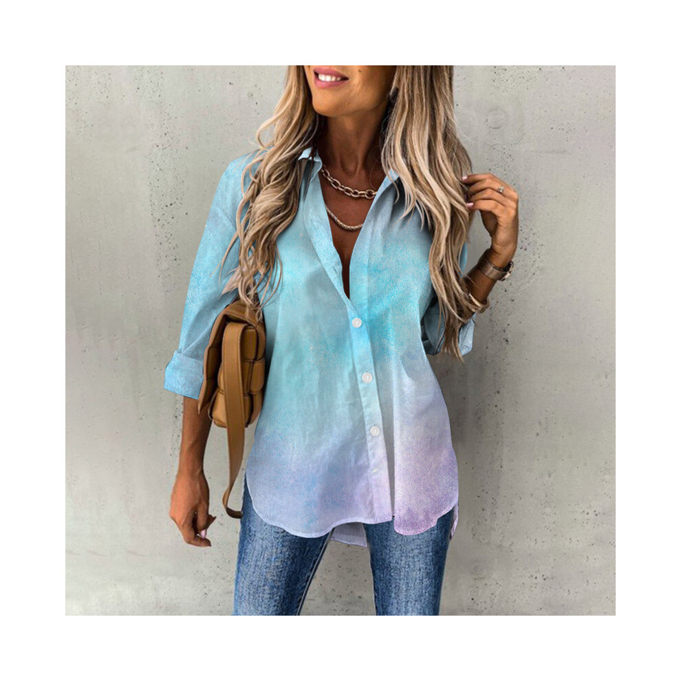 (B25SLCZ31914012, 3XL) Elegant Button Lapel Cardigan Tops Leisure Shirts Gradient Print Womens Blouses Lady Loose Long Sleeve Shirt Women's Blouses