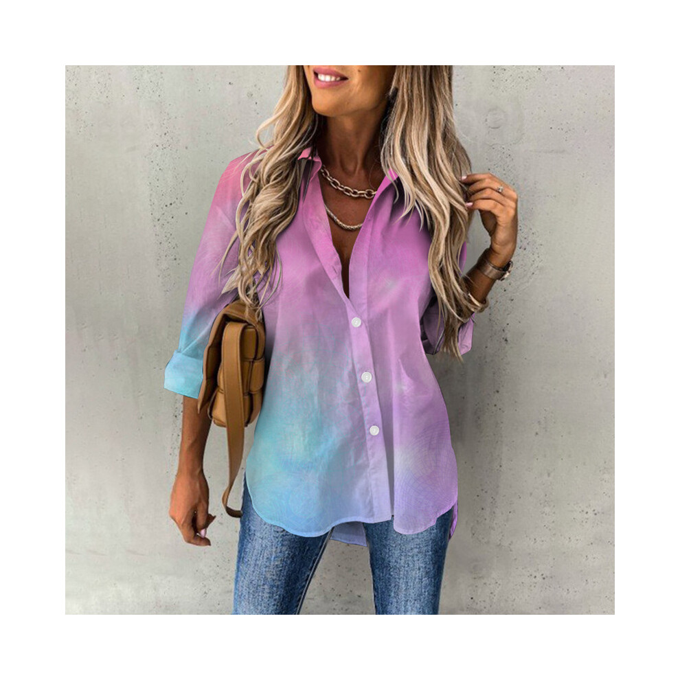 Maxpower (B25slcz31914013, S) Elegant Button Lapel Cardigan Tops Leisure Shirts Gradient Print Womens Blouses Lady Loose Long Sleeve Shirt Women's Blouses