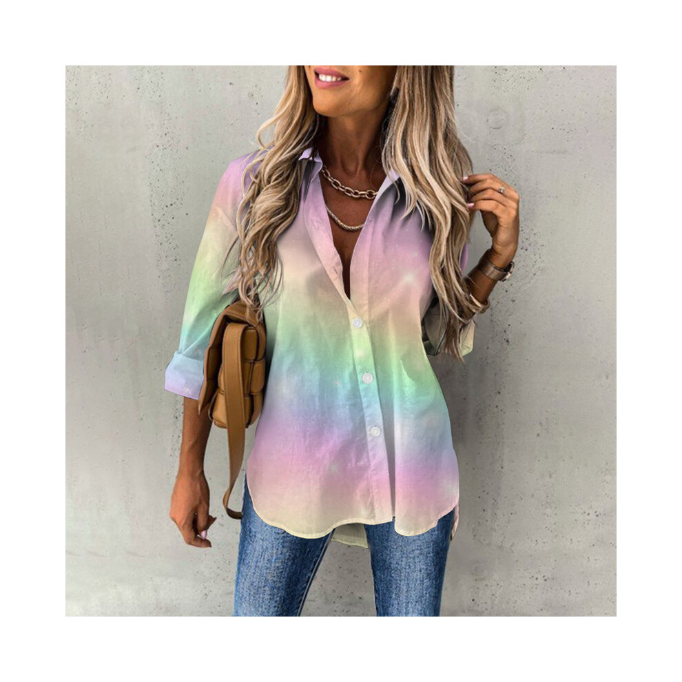 Maxpower (B25slcz31914014, S) Elegant Button Lapel Cardigan Tops Leisure Shirts Gradient Print Womens Blouses Lady Loose Long Sleeve Shirt Women's Blouses