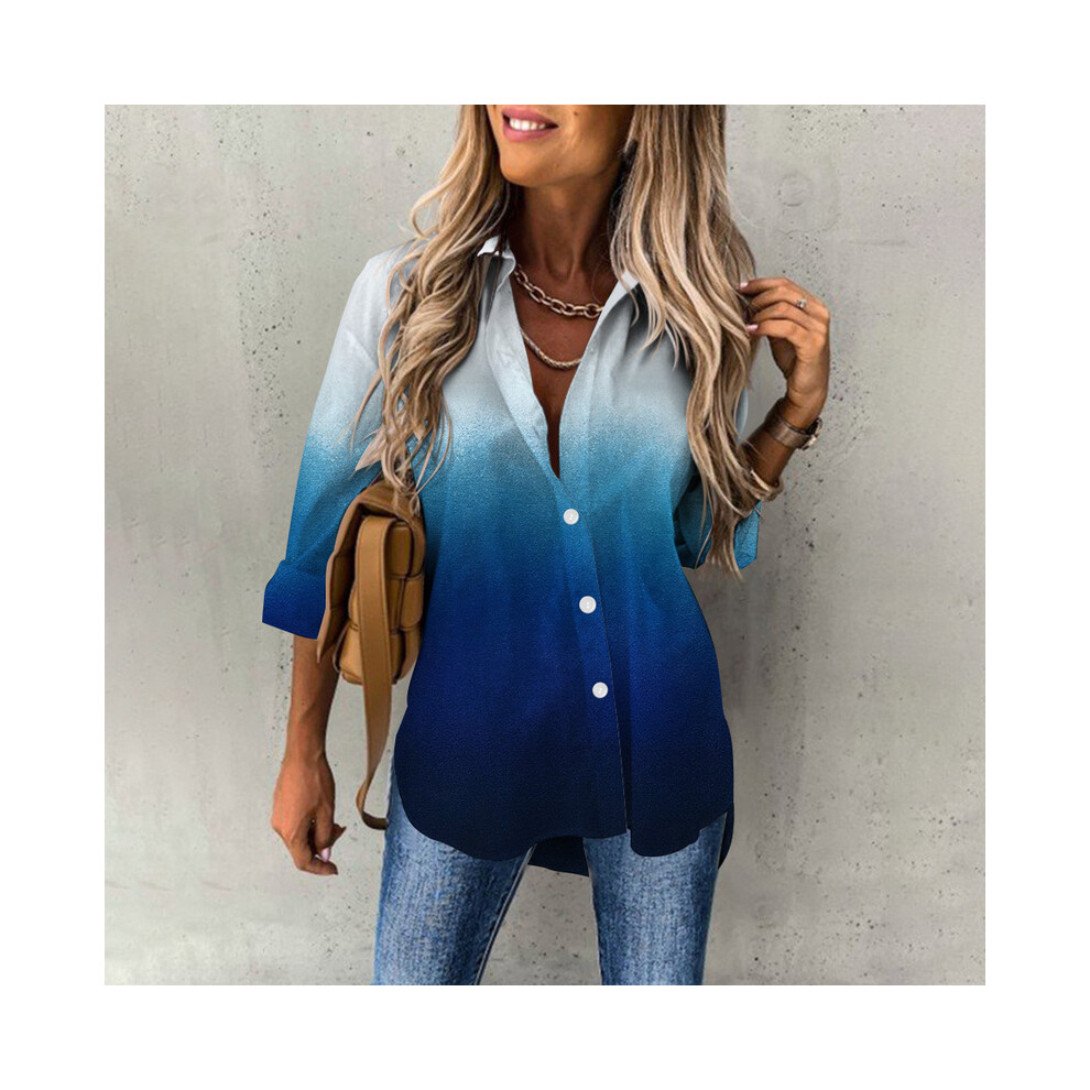 Maxpower (B25slcz31914015, Xl) Elegant Button Lapel Cardigan Tops Leisure Shirts Gradient Print Womens Blouses Lady Loose Long Sleeve Shirt Women's Blouses