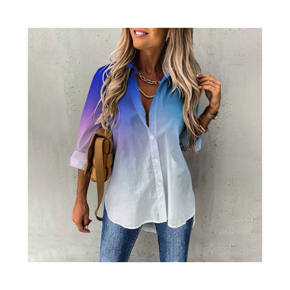 (B25SLCZ31914016, 5XL) Elegant Button Lapel Cardigan Tops Leisure Shirts Gradient Print Womens Blouses Lady Loose Long Sleeve Shirt Women's Blouses