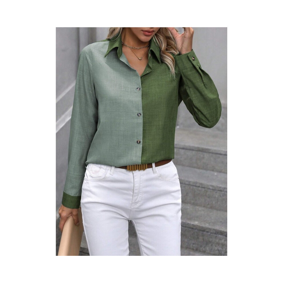 (Cyan, XXL) Spring Autumn New Fashion Color Combination Long-sleeved Lapel Women's Shirt Simple Casual With A Solid Color Female Officeshirt-image-OPC-PG8Z7SZ-NEW