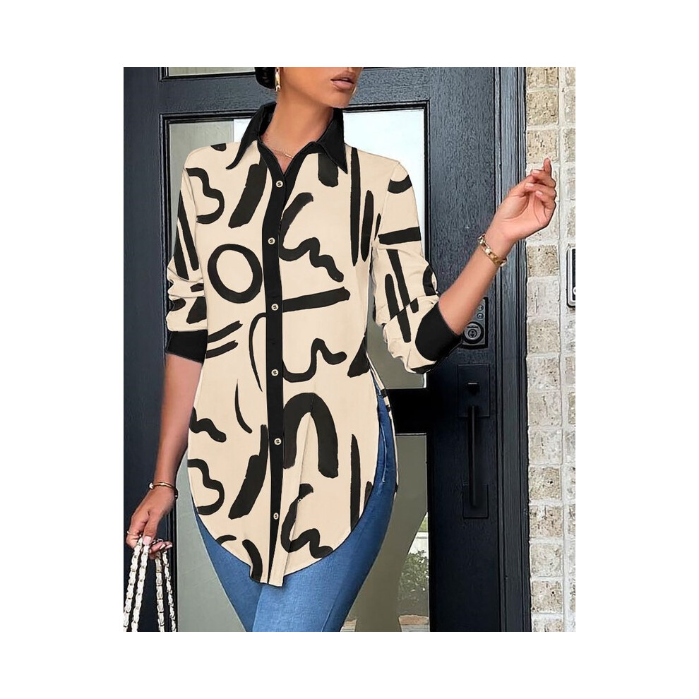 (APRICOT, L) Women's Casual Long Sleeved Top, Printed Back Neck Shirt, Elegant And Fashionable, Office, Spring And Autumn,