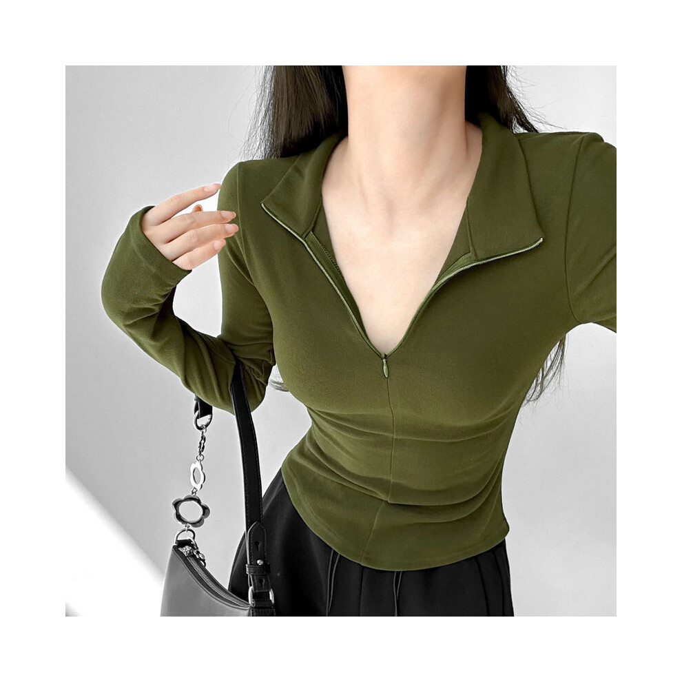 (Army green, L) Long Sleeve Top Tee Women Clothing Autumn New Slim T-Shirts Interior Lapping Trend Solid Color V-neck Bottoming Shirt Women's