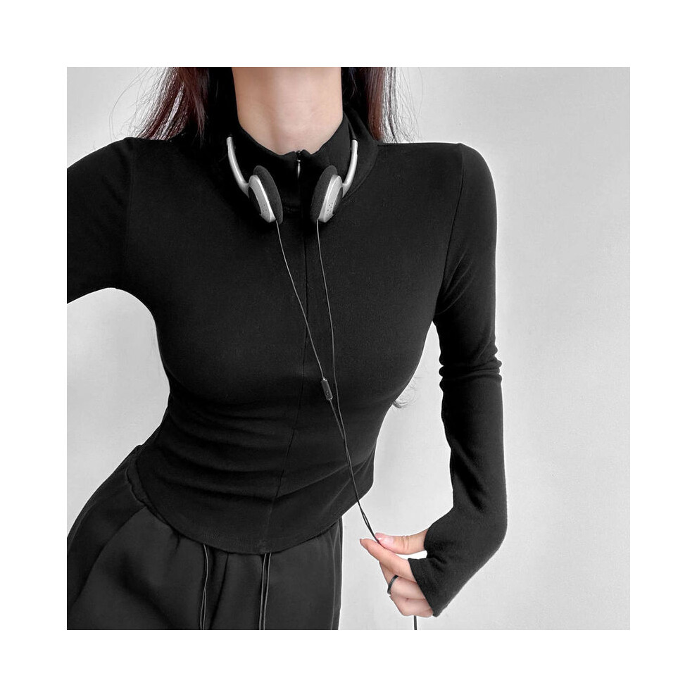 (black, L) Long Sleeve Top Tee Women Clothing Autumn New Slim T-Shirts Interior Lapping Trend Solid Color V-neck Bottoming Shirt Women's