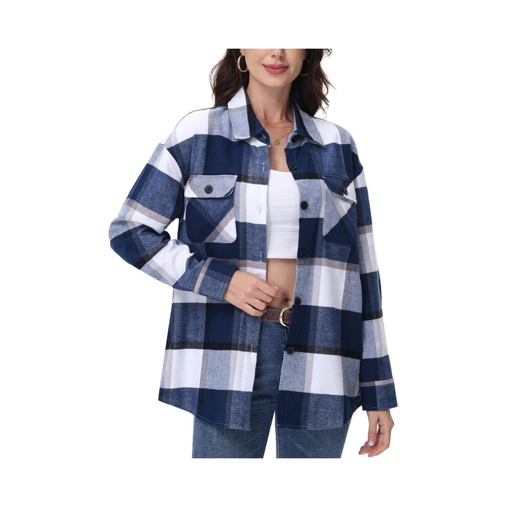 (Blue, L) Casual Flannel Plaid Shirts Womens Long Sleeve Button-Down Blouse 2 Chest Pockets Loose Fit Cotton Tops Streetwear Soft