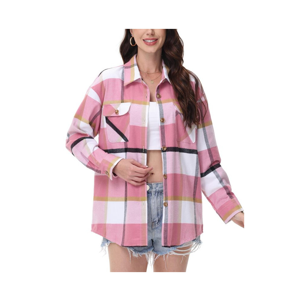 (Pink, XXL) Casual Flannel Plaid Shirts Womens Long Sleeve Button-Down Blouse 2 Chest Pockets Loose Fit Cotton Tops Streetwear Soft