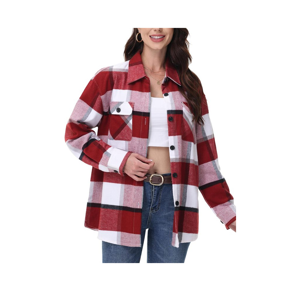 (Red, S) Casual Flannel Plaid Shirts Womens Long Sleeve Button-Down Blouse 2 Chest Pockets Loose Fit Cotton Tops Streetwear Soft