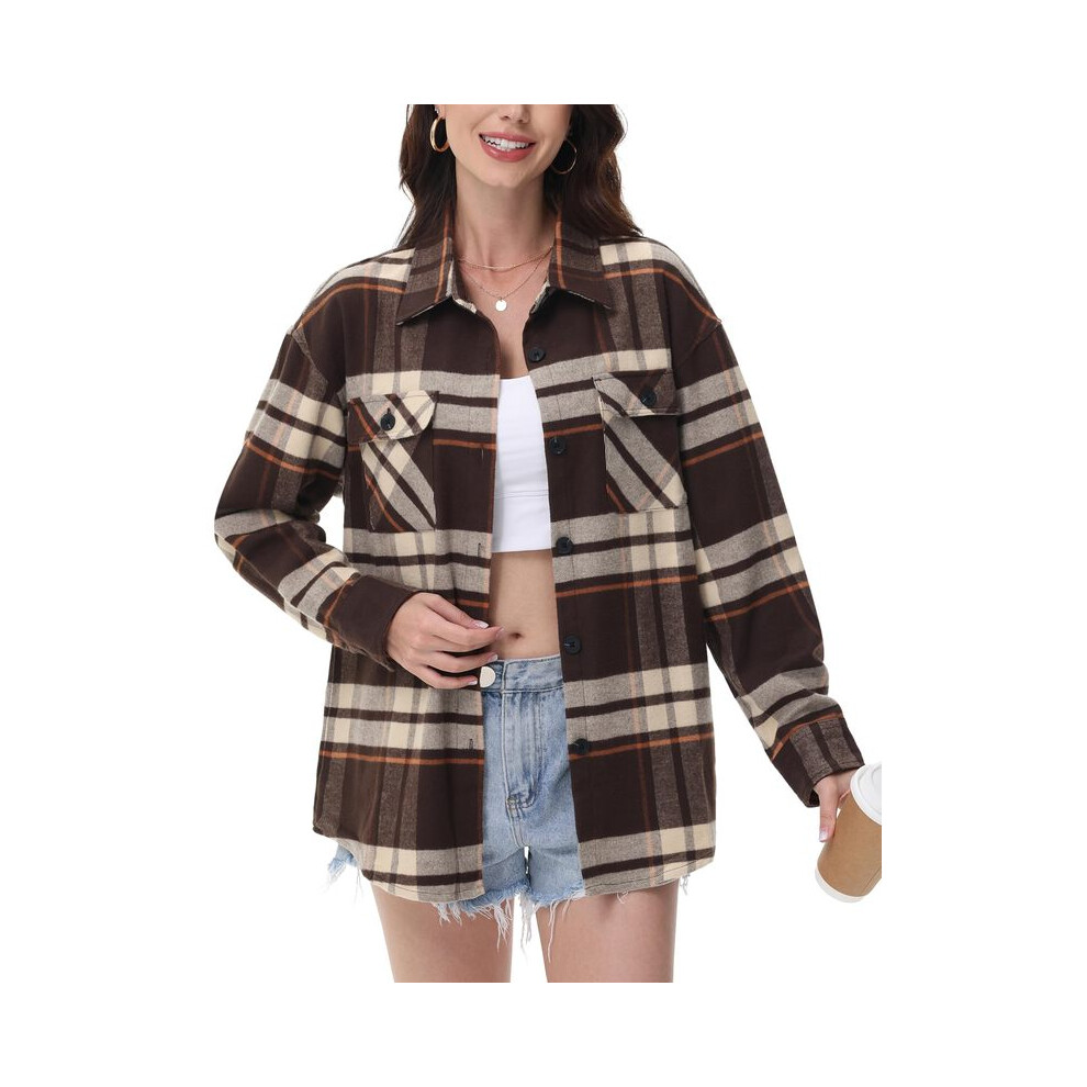(Yellow Brown, M) Casual Flannel Plaid Shirts Womens Long Sleeve Button-Down Blouse 2 Chest Pockets Loose Fit Cotton Tops Streetwear Soft