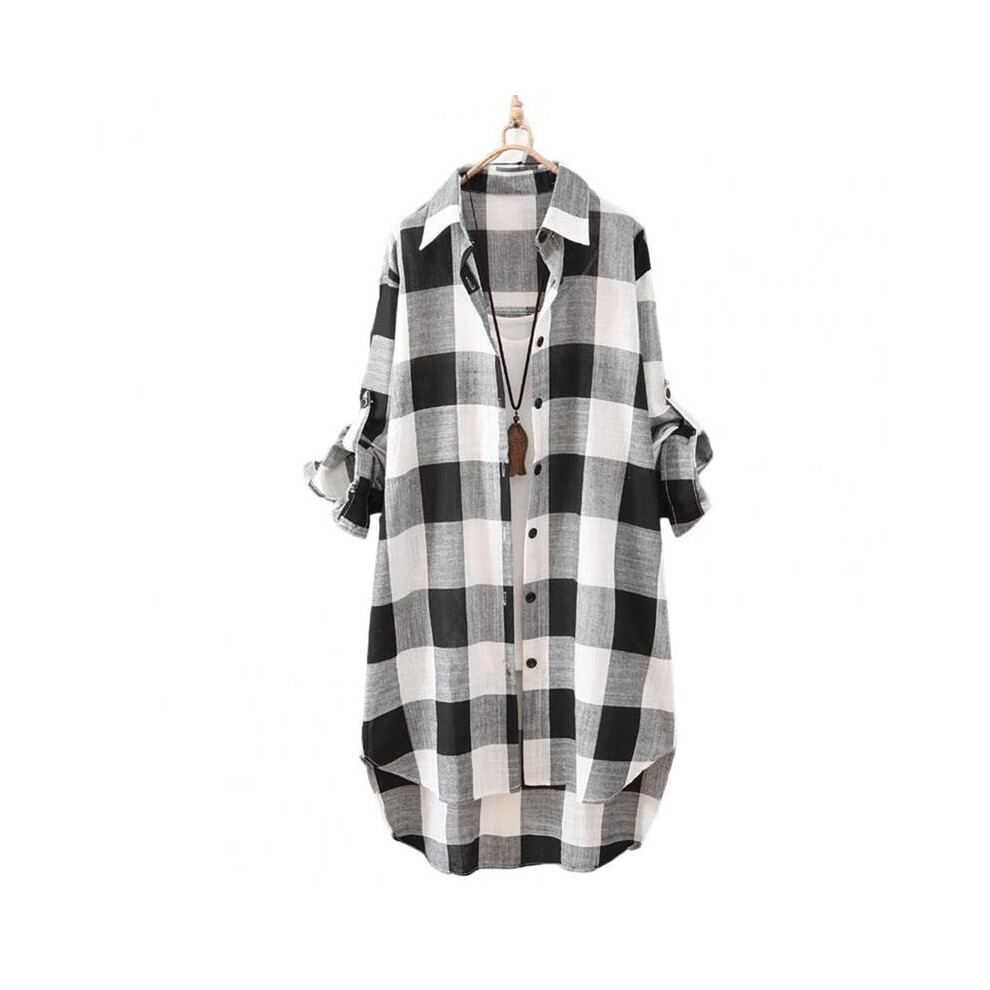 (Black White, L) Women Shirt Plaid Print Contrast Color Irregular Hem Long Shirt Single-breasted Long Sleeve Lapel Oversized Lady Long Top