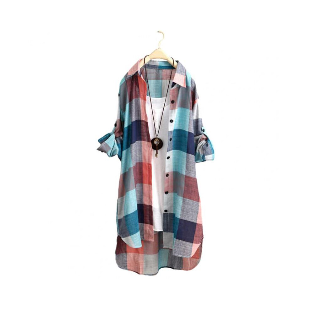 (Multicolor, XXXL) Women Shirt Plaid Print Contrast Color Irregular Hem Long Shirt Single-breasted Long Sleeve Lapel Oversized Lady Long Top
