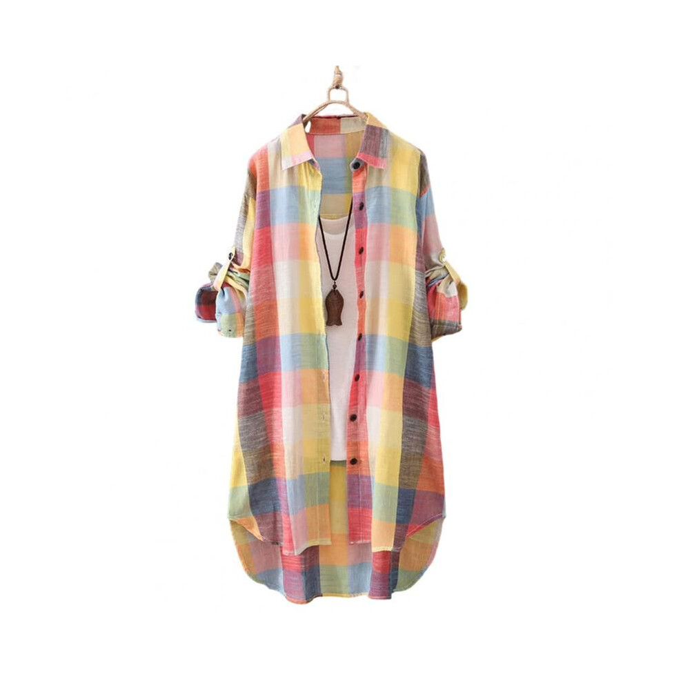 (Orange Yellow, L) Women Shirt Plaid Print Contrast Color Irregular Hem Long Shirt Single-breasted Long Sleeve Lapel Oversized Lady Long Top