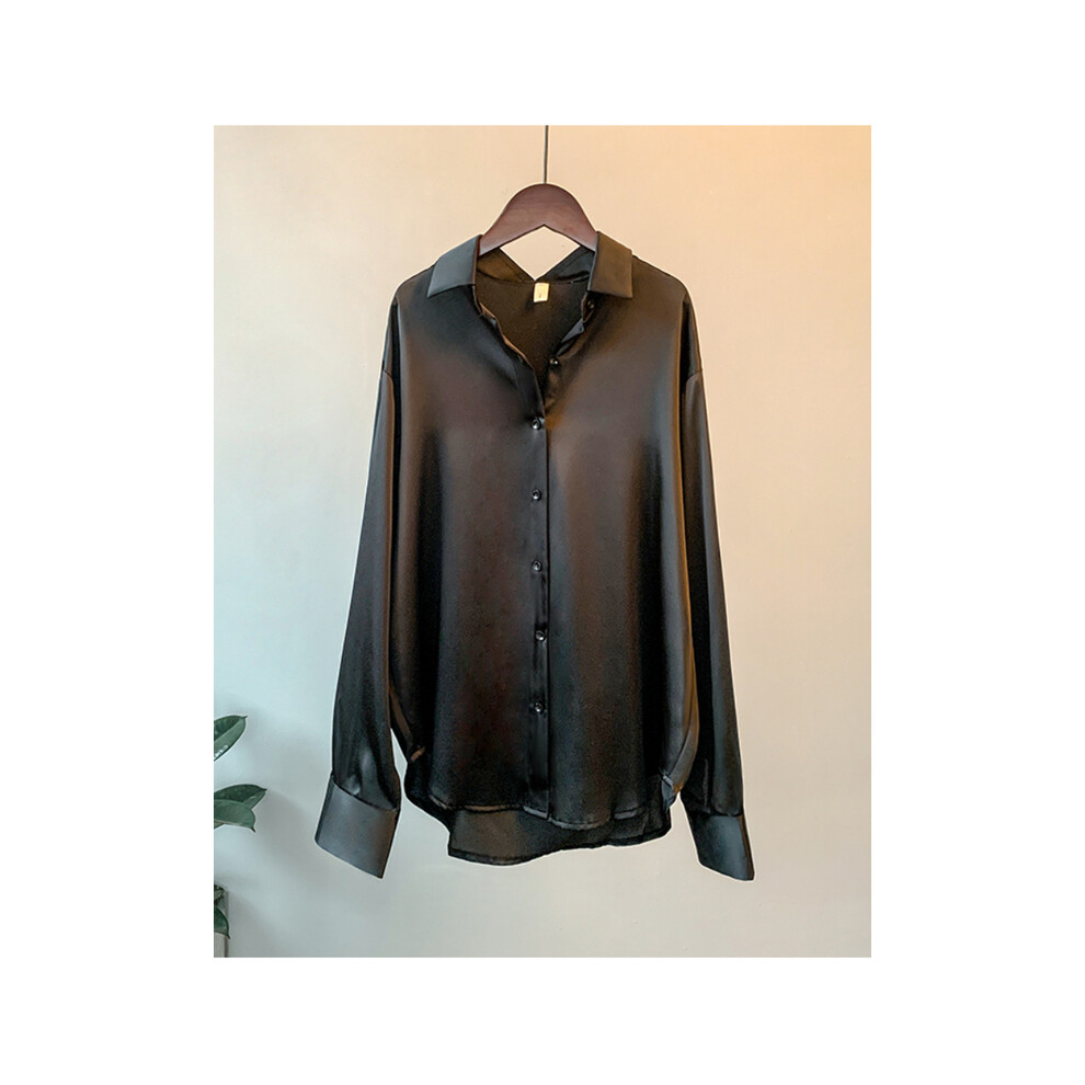 Maxpower (Black, S) Office Lady Long Sleeve Blouse Women Autumn Overshirt Satin Femal Clothing Elegant Korean Style Luxury Designer Blouse