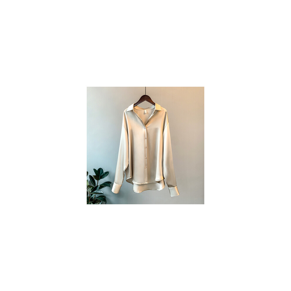 Maxpower (Champagne, S) Office Lady Long Sleeve Blouse Women Autumn Overshirt Satin Femal Clothing Elegant Korean Style Luxury Designer Blouse