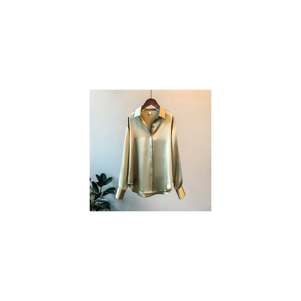 Maxpower (Mercerized Green, L) Office Lady Long Sleeve Blouse Women Autumn Overshirt Satin Femal Clothing Elegant Korean Style Luxury Designer Blouse