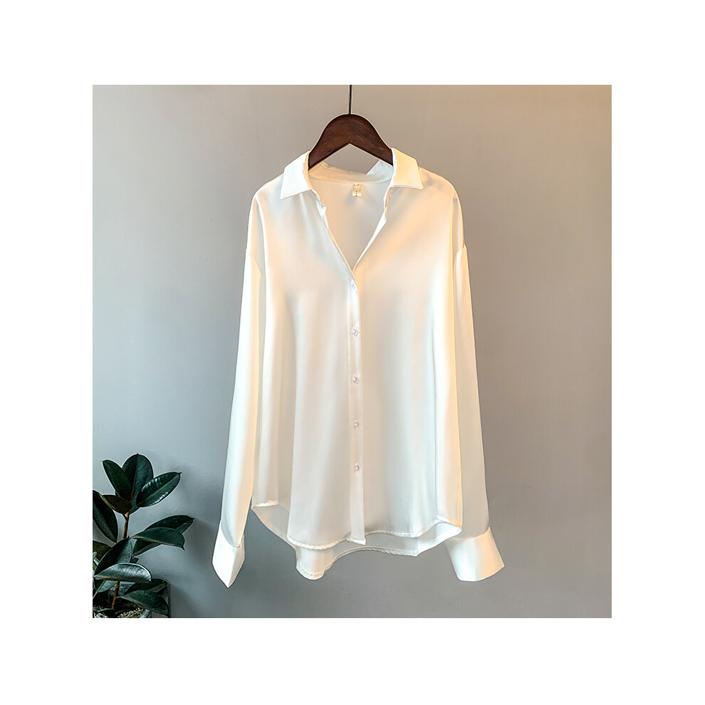 (WHITE, M) Office Lady Long Sleeve blouse Women Autumn Overshirt Satin Femal Clothing Elegant Korean Style Luxury Designer Blouse