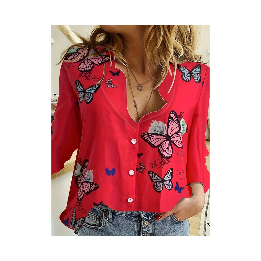 (B25SLTHN232417C, 2XL) Simple Long-Sleeved Womens Shirts Fall Polo Collar Button Down Shirt Elegant Butterfly Dandelion Oversized Loose Blouse Clothing