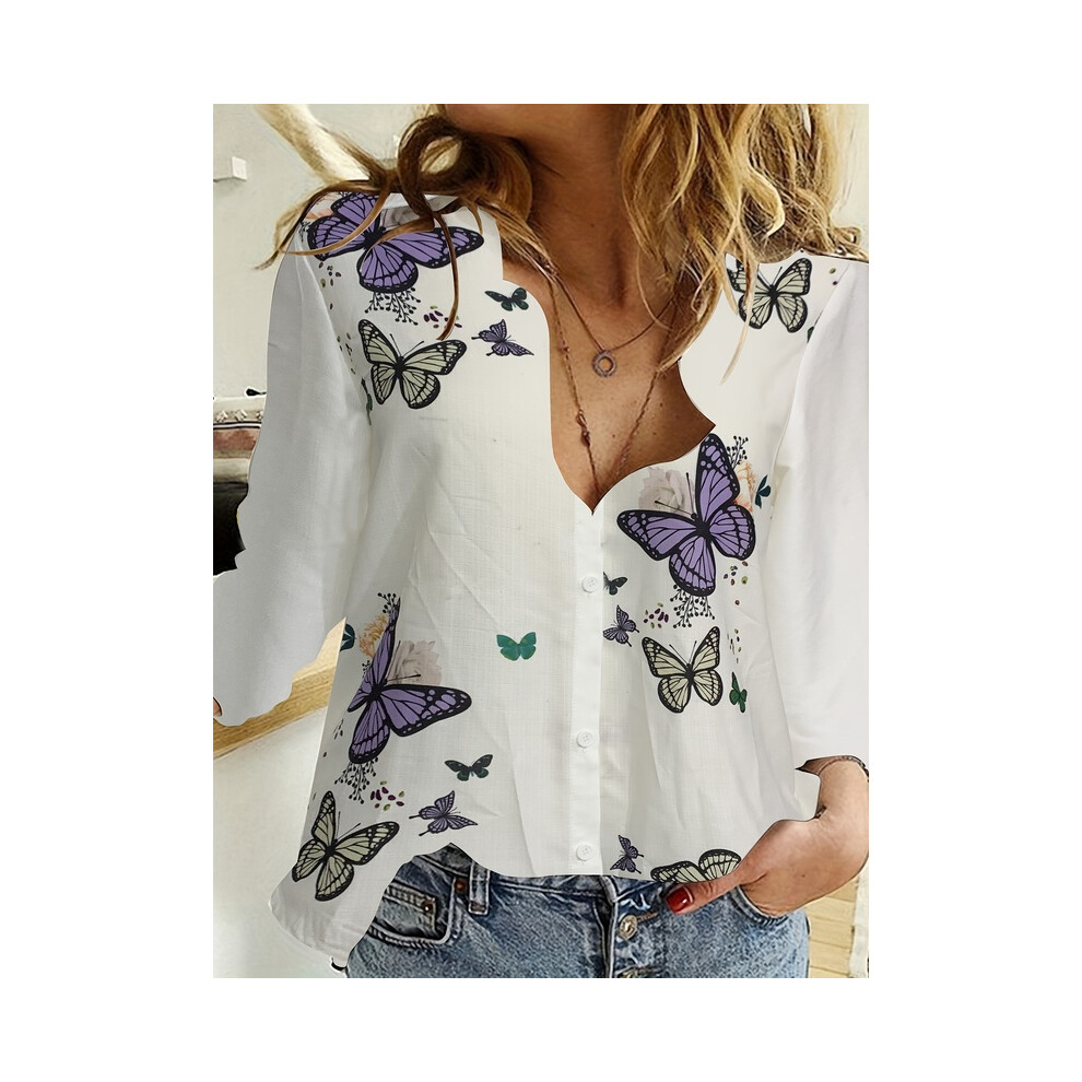 (B25SLTHN232417E, 5XL) Simple Long-Sleeved Womens Shirts Fall Polo Collar Button Down Shirt Elegant Butterfly Dandelion Oversized Loose Blouse Clothing