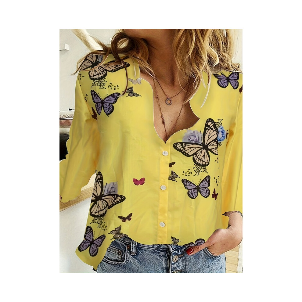 (B25SLTHN232417F, XL) Simple Long-Sleeved Womens Shirts Fall Polo Collar Button Down Shirt Elegant Butterfly Dandelion Oversized Loose Blouse Clothing