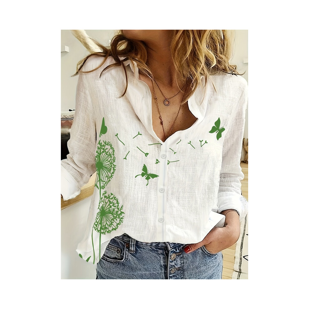 (B25SLTHN232417M, 3XL) Simple Long-Sleeved Womens Shirts Fall Polo Collar Button Down Shirt Elegant Butterfly Dandelion Oversized Loose Blouse Clothing