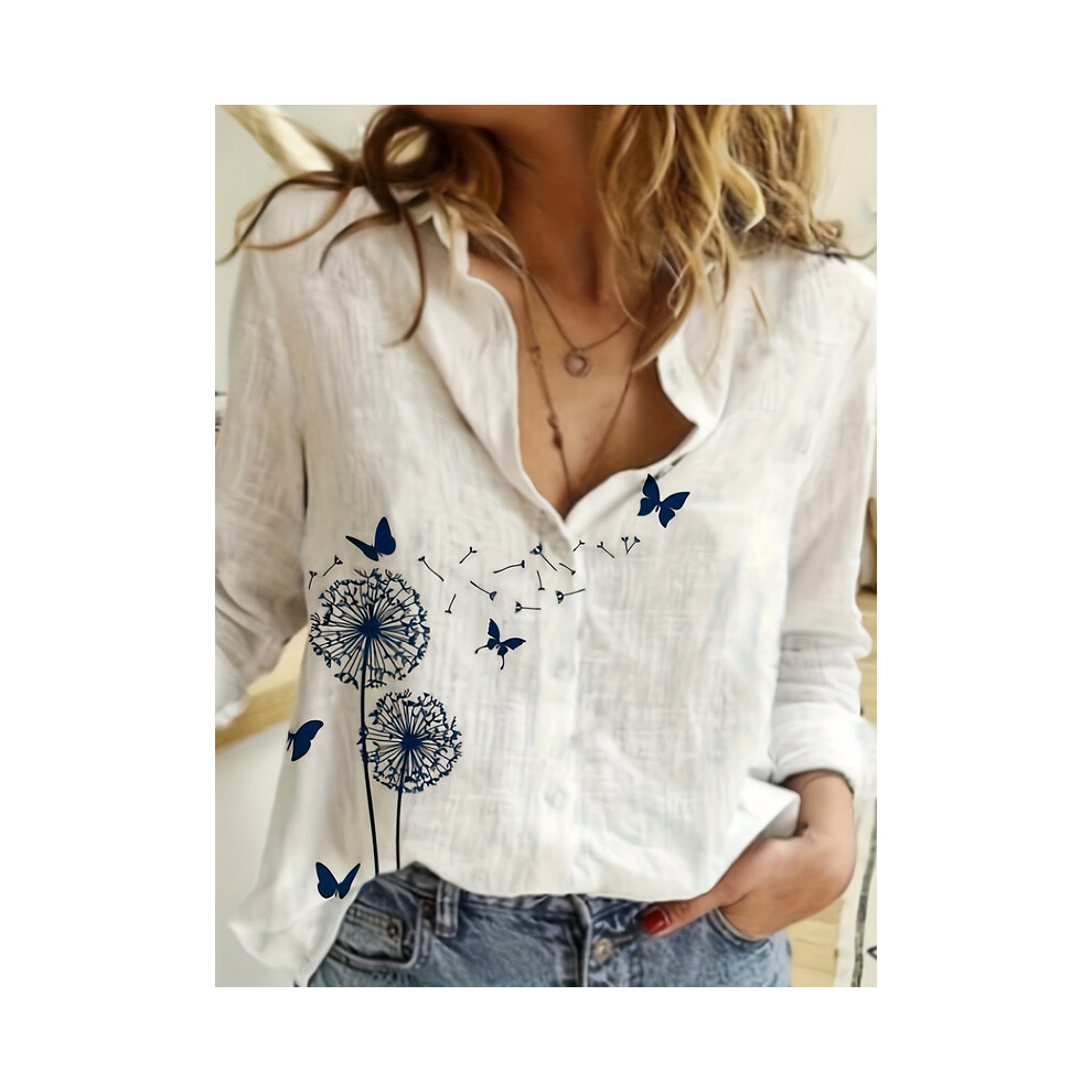(B25SLTHN232417N, 3XL) Simple Long-Sleeved Womens Shirts Fall Polo Collar Button Down Shirt Elegant Butterfly Dandelion Oversized Loose Blouse Clothing