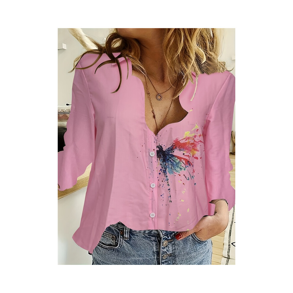 (B25SLTHN233011G, 4XL) Simple Long-Sleeved Womens Shirts Fall Polo Collar Button Down Shirt Elegant Butterfly Dandelion Oversized Loose Blouse Clothing