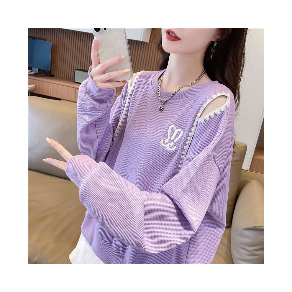(PURPLE, XL) New Korean Off Shoulder Loose Short T Shirts Spring Autumn Long Sleeve Solid Hollow Out Casual Tops Fashion Trend Women Clothing