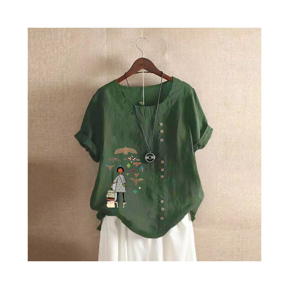 (Army Green Traveler, 2XL) Over Retro Vintage Floral Print Button Blouse Shirts Summer Women O-Neck Short Sleeve Casual Cotton Linen Tops