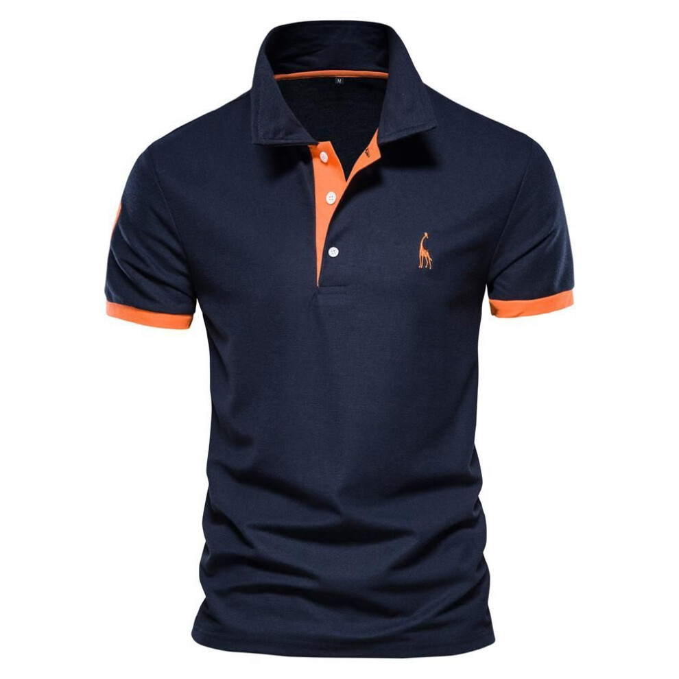 (navy,orange, L) Summer Short-sleeved T-shirt Men&apos;s Polo Business Casual Polo Shirt Men&apos;s Slim Fashion Men&apos;s Polo Cotton High-quality T-shirt Simple Out