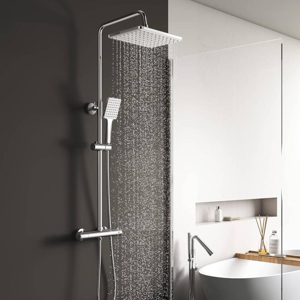 (Silver) Thermostatic Shower Mixer Set,Overhead Rainfall Shower,Handheld Shower,Shower Mixer Bar,Height Adjustable Shower System for Bathroom,Chrome