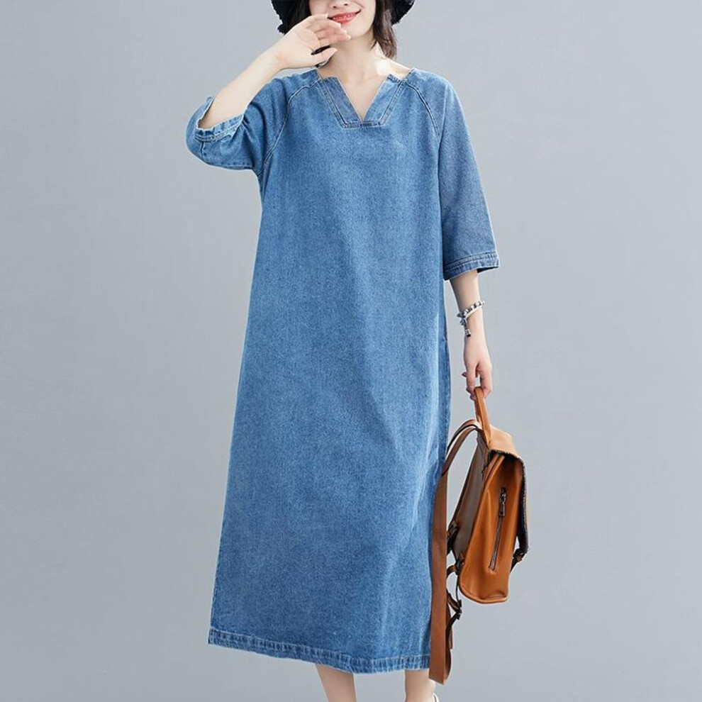 (blue, 2XL) DIMANAF Plus Size Women 2023 New Spring Dress Denim Short Sleeve Dress V-Neck Long Dress Blue Basic Dresses Loose